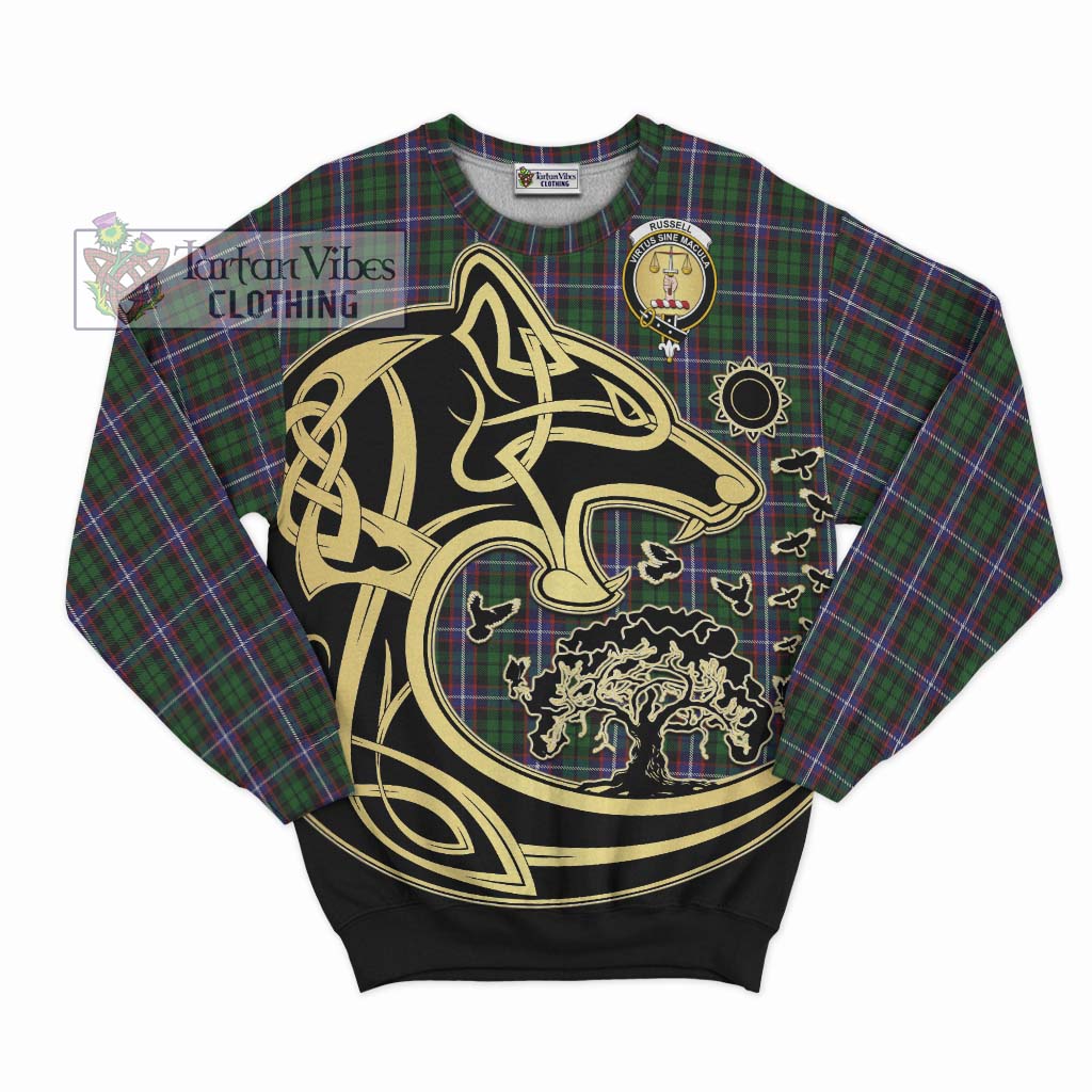 Tartan Vibes Clothing Russell Tartan Sweatshirt with Family Crest Celtic Wolf Style