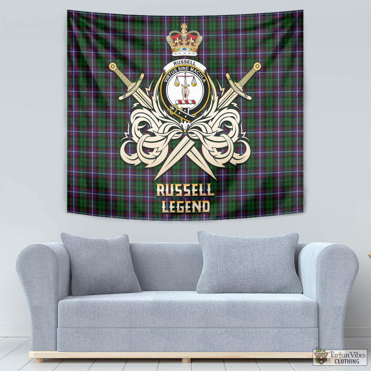 Tartan Vibes Clothing Russell Tartan Tapestry with Clan Crest and the Golden Sword of Courageous Legacy