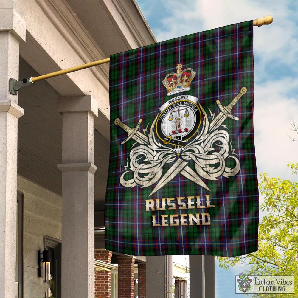 Tartan Vibes Clothing Russell Tartan Flag with Clan Crest and the Golden Sword of Courageous Legacy