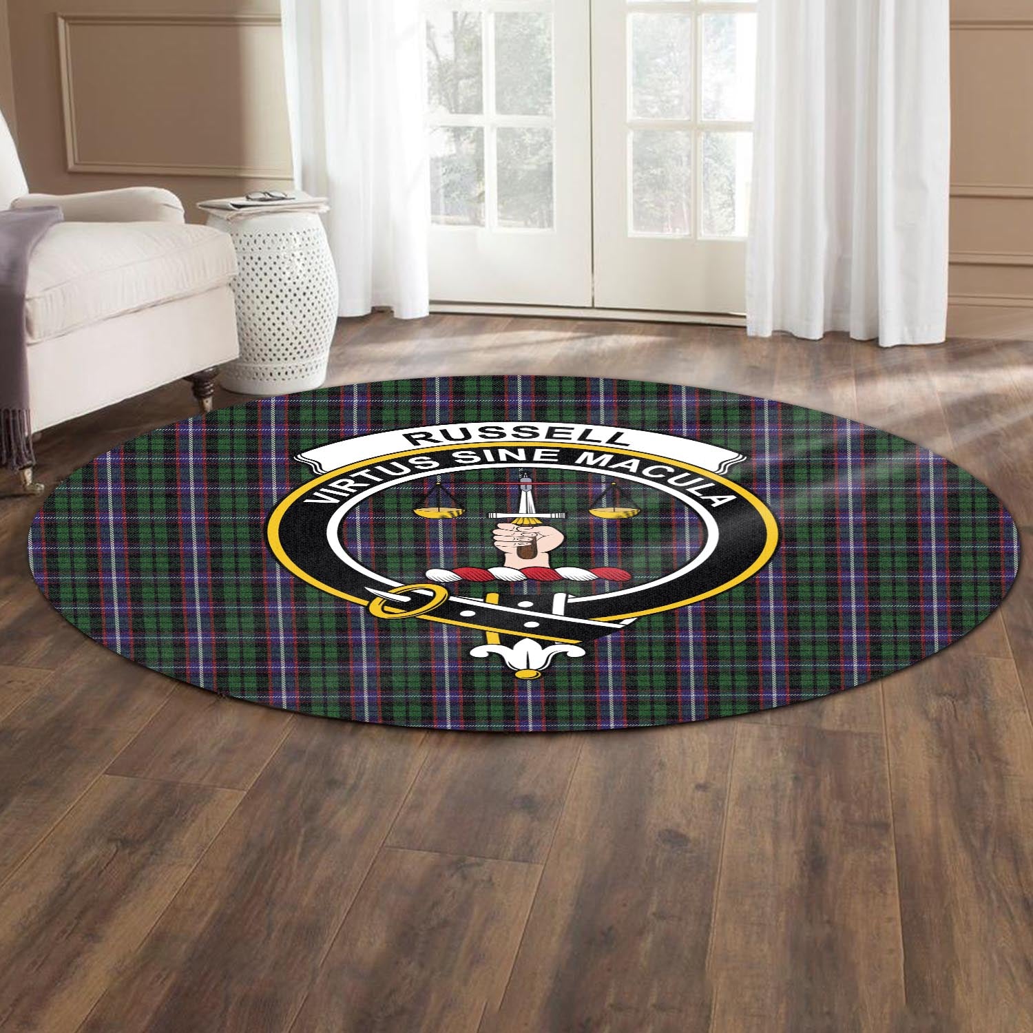 russell-tartan-round-rug-with-family-crest