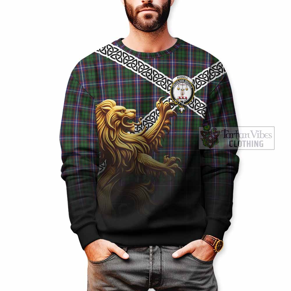 Russell Crest Tartan Sweatshirt with Golden Lion Emblem Celtic Style - Tartan Vibes Clothing