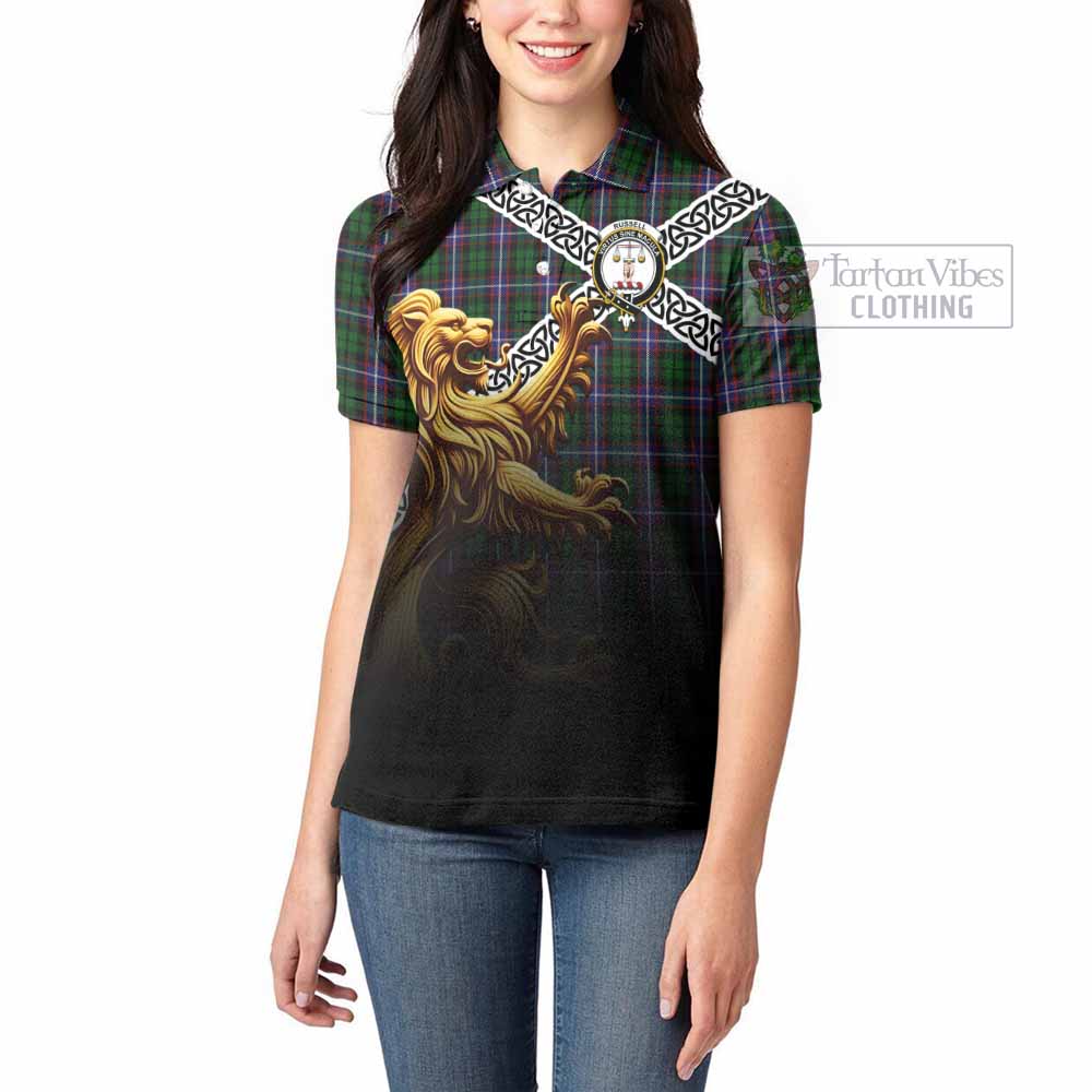 Russell Crest Tartan Women's Polo Shirt with Golden Lion Emblem Celtic Style - Tartan Vibes Clothing