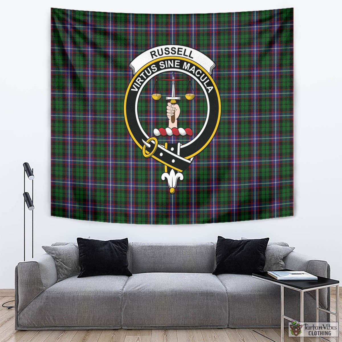 Tartan Vibes Clothing Russell Tartan Tapestry Wall Hanging and Home Decor for Room with Family Crest