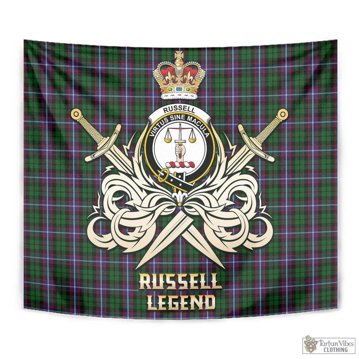 Tartan Vibes Clothing Russell Tartan Tapestry with Clan Crest and the Golden Sword of Courageous Legacy