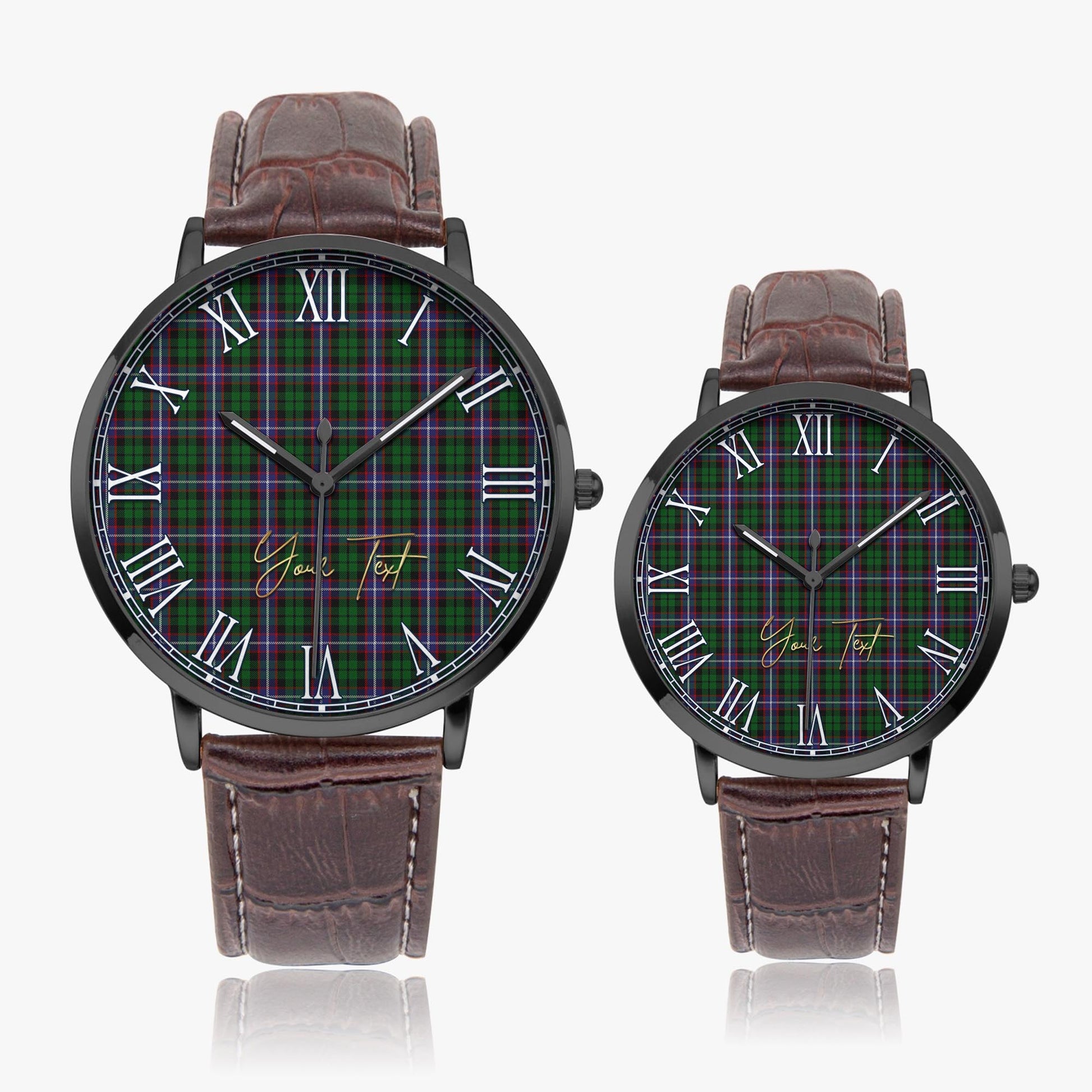 Russell Tartan Personalized Your Text Leather Trap Quartz Watch Ultra Thin Black Case With Brown Leather Strap - Tartanvibesclothing