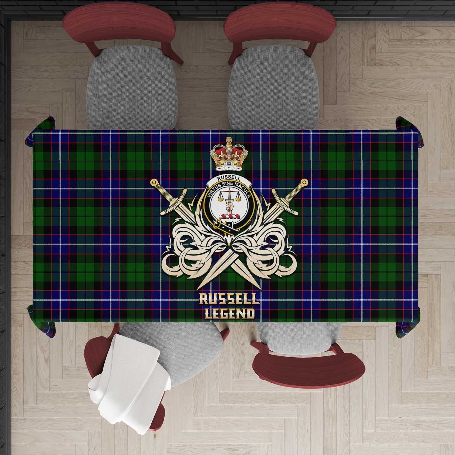 Tartan Vibes Clothing Russell Modern Tartan Tablecloth with Clan Crest and the Golden Sword of Courageous Legacy