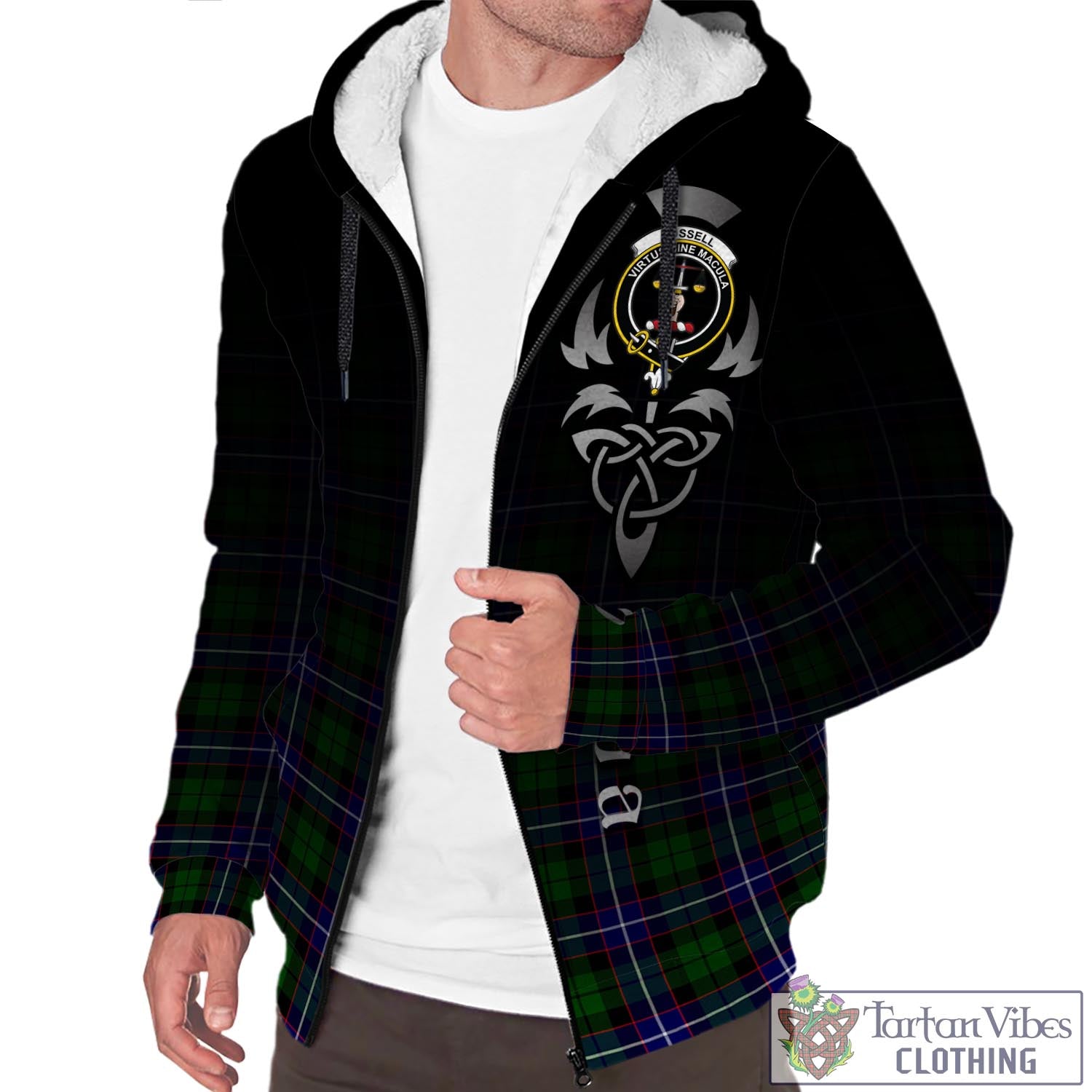 Tartan Vibes Clothing Russell Modern Tartan Sherpa Hoodie Featuring Alba Gu Brath Family Crest Celtic Inspired