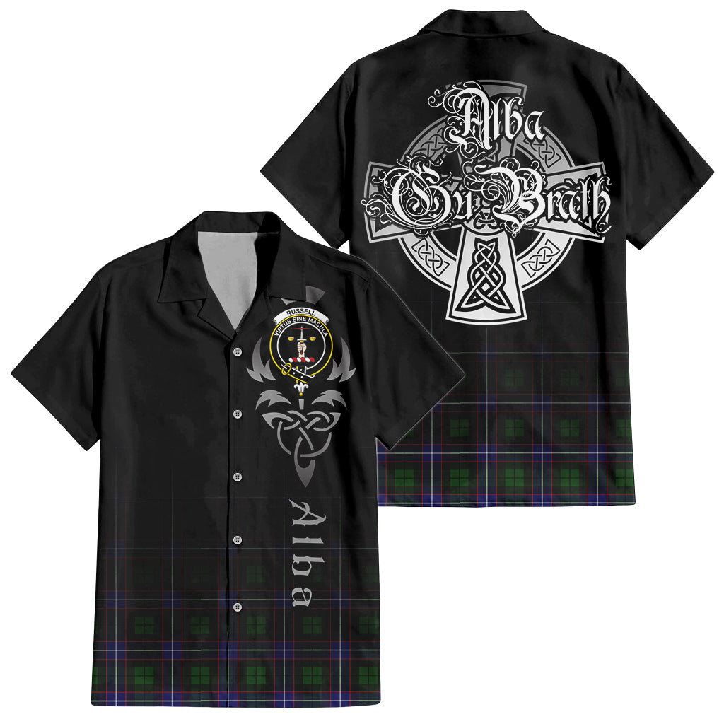 Tartan Vibes Clothing Russell Modern Tartan Short Sleeve Button Up Featuring Alba Gu Brath Family Crest Celtic Inspired