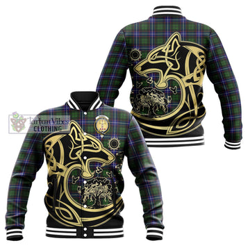 Russell Modern Tartan Baseball Jacket with Family Crest Celtic Wolf Style