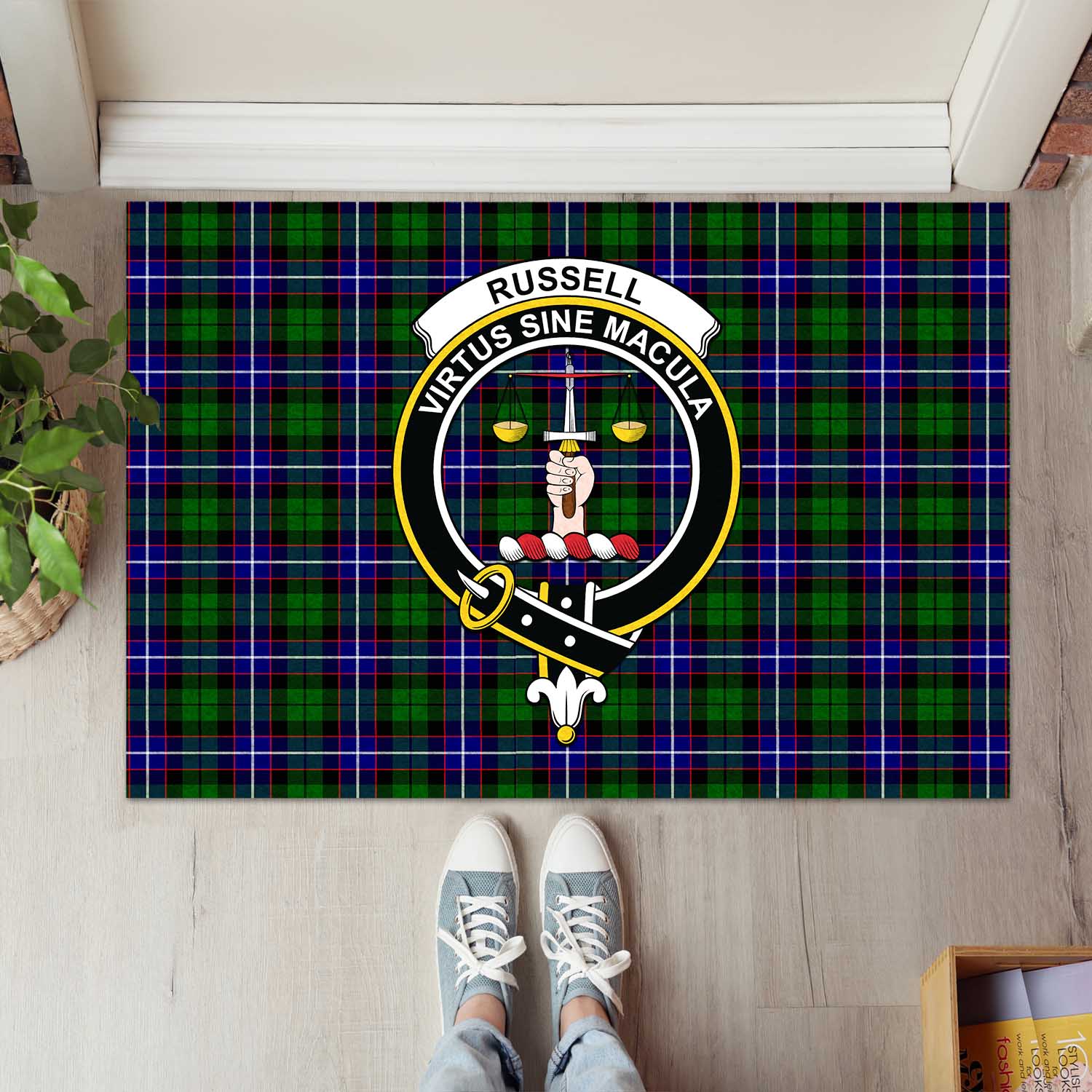 Russell Modern Tartan Door Mat with Family Crest - Tartanvibesclothing Shop