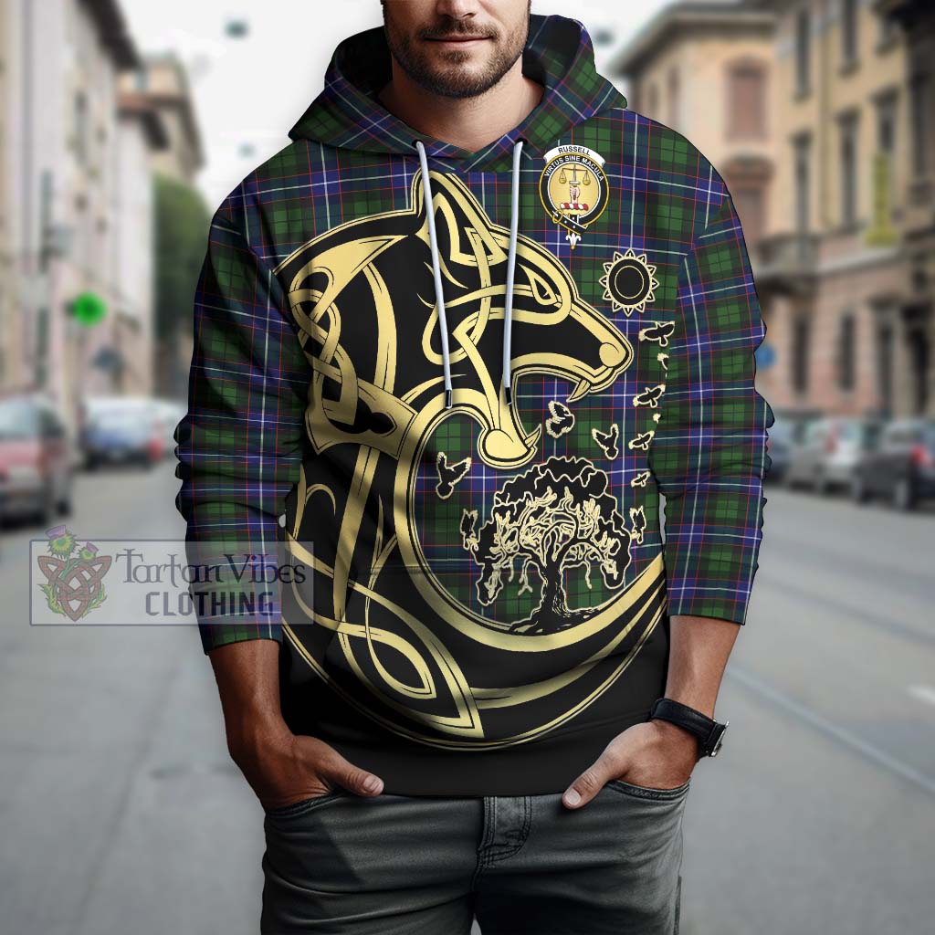 Tartan Vibes Clothing Russell Modern Tartan Hoodie with Family Crest Celtic Wolf Style
