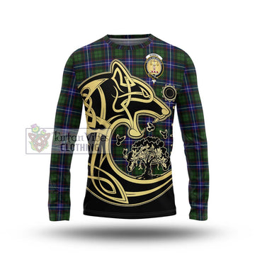 Russell Modern Tartan Long Sleeve T-Shirt with Family Crest Celtic Wolf Style