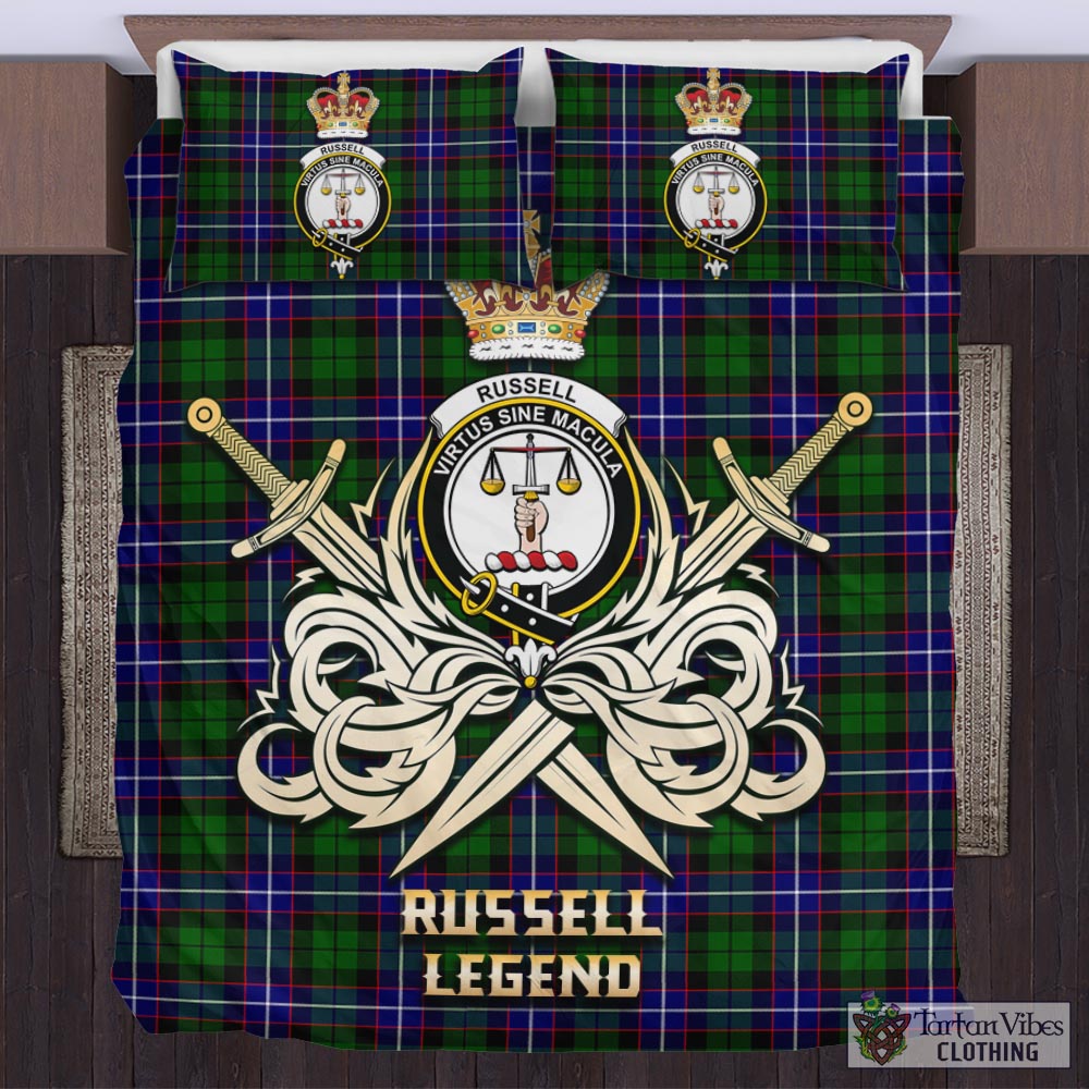 Tartan Vibes Clothing Russell Modern Tartan Bedding Set with Clan Crest and the Golden Sword of Courageous Legacy