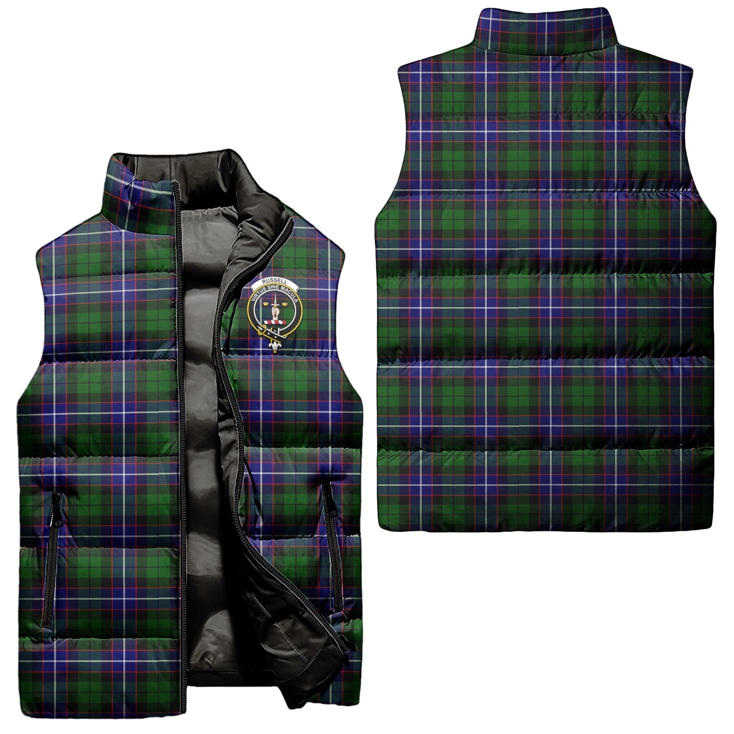 Russell Modern Tartan Sleeveless Puffer Jacket with Family Crest Unisex - Tartanvibesclothing