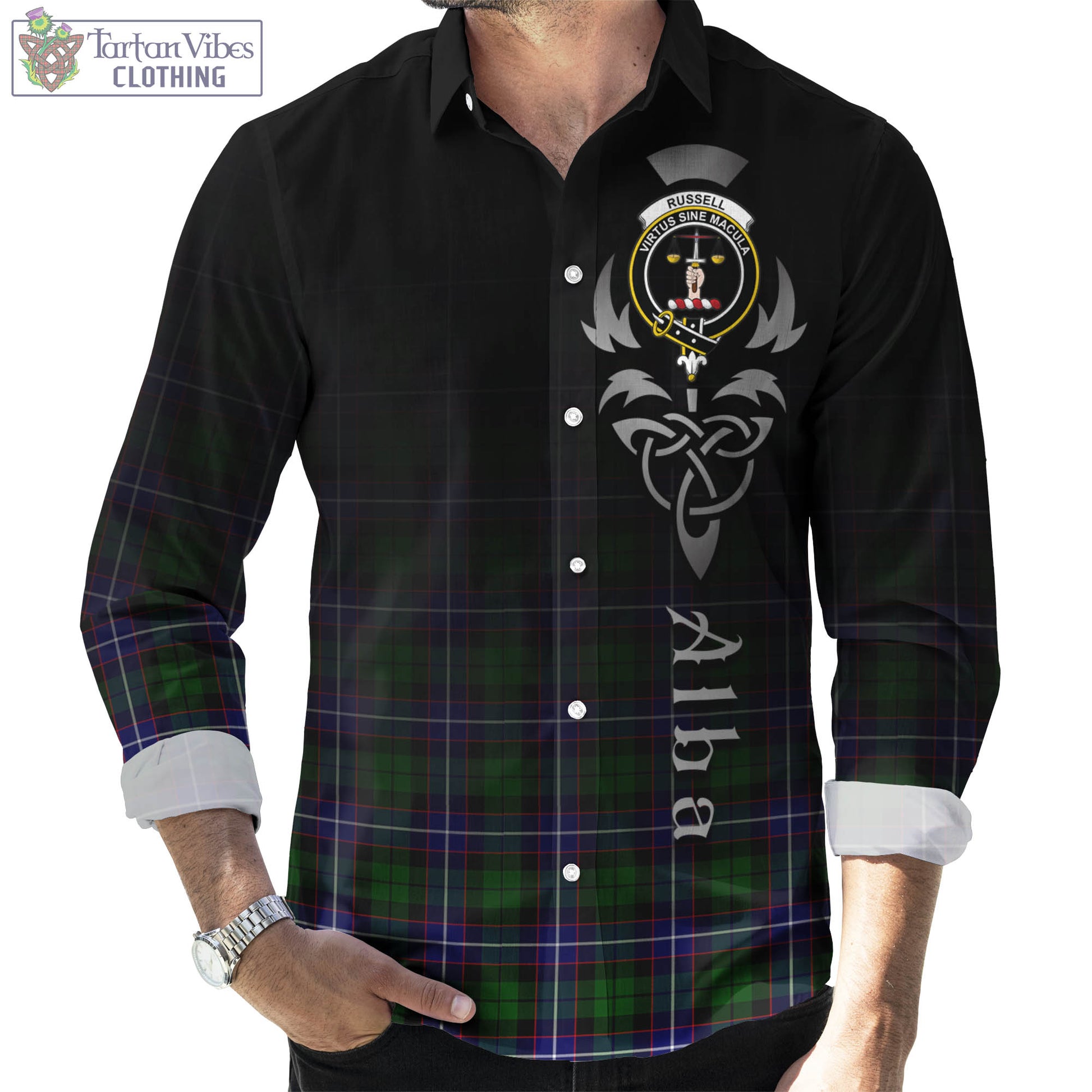 Tartan Vibes Clothing Russell Modern Tartan Long Sleeve Button Up Featuring Alba Gu Brath Family Crest Celtic Inspired