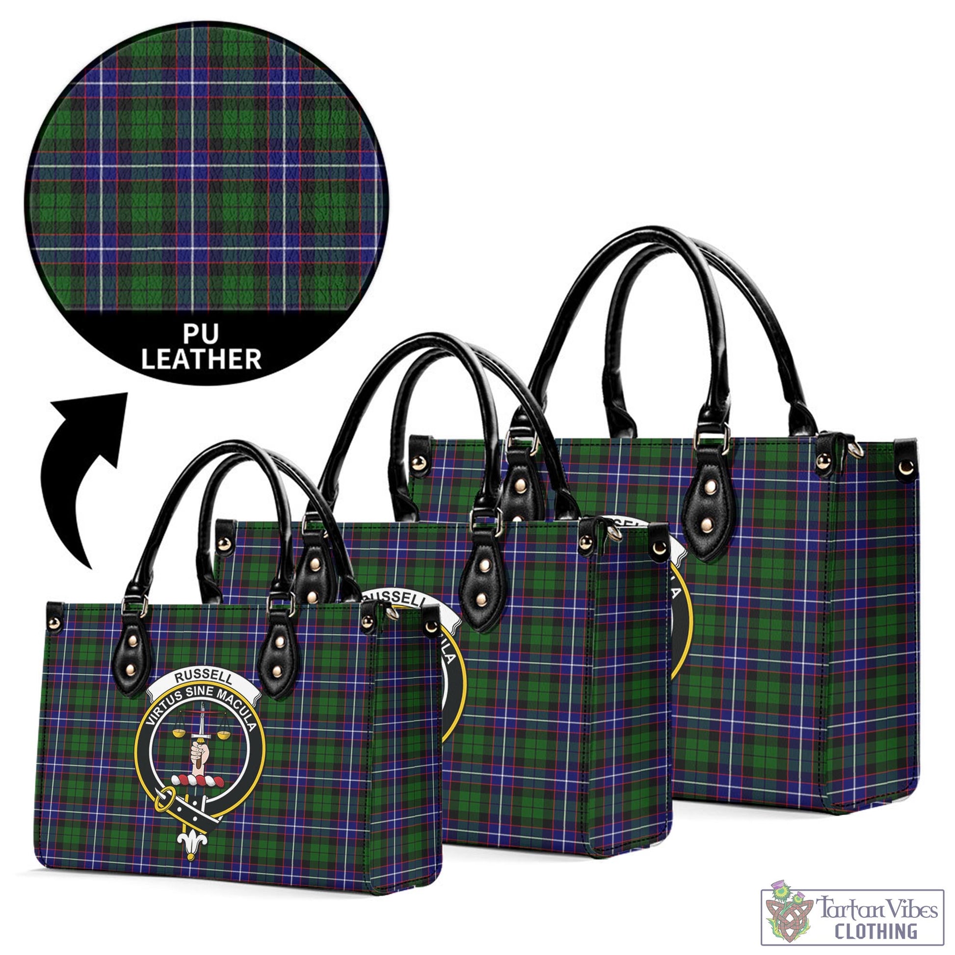 Tartan Vibes Clothing Russell Modern Tartan Luxury Leather Handbags with Family Crest