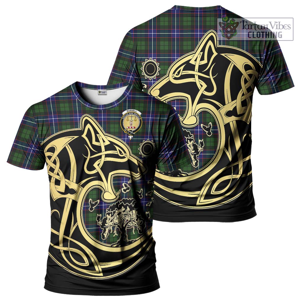 Tartan Vibes Clothing Russell Modern Tartan T-Shirt with Family Crest Celtic Wolf Style