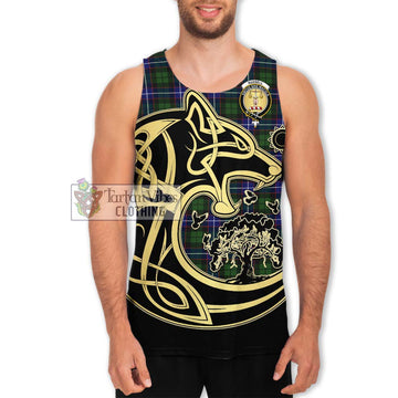 Russell Modern Tartan Men's Tank Top with Family Crest Celtic Wolf Style