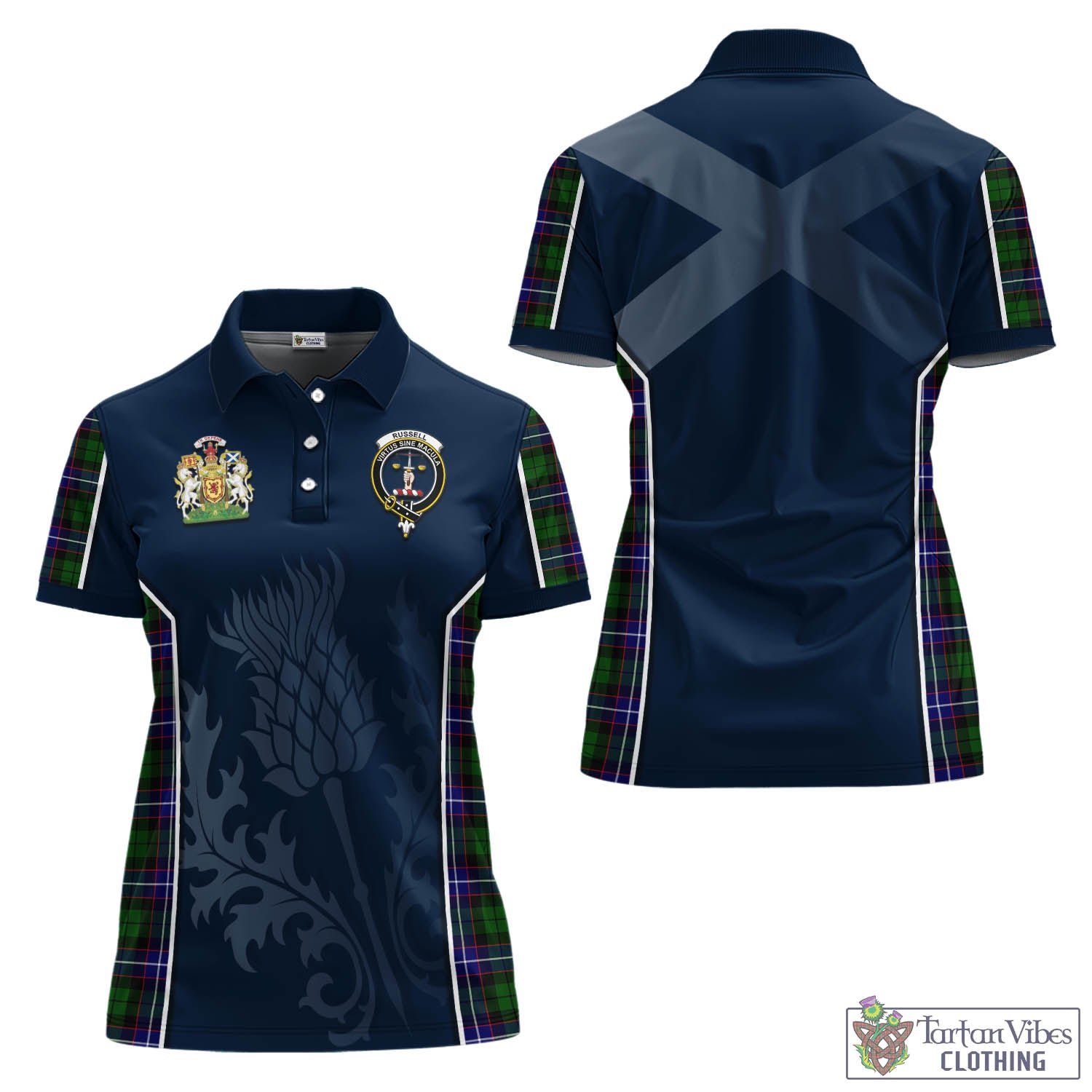 Tartan Vibes Clothing Russell Modern Tartan Women's Polo Shirt with Family Crest and Scottish Thistle Vibes Sport Style