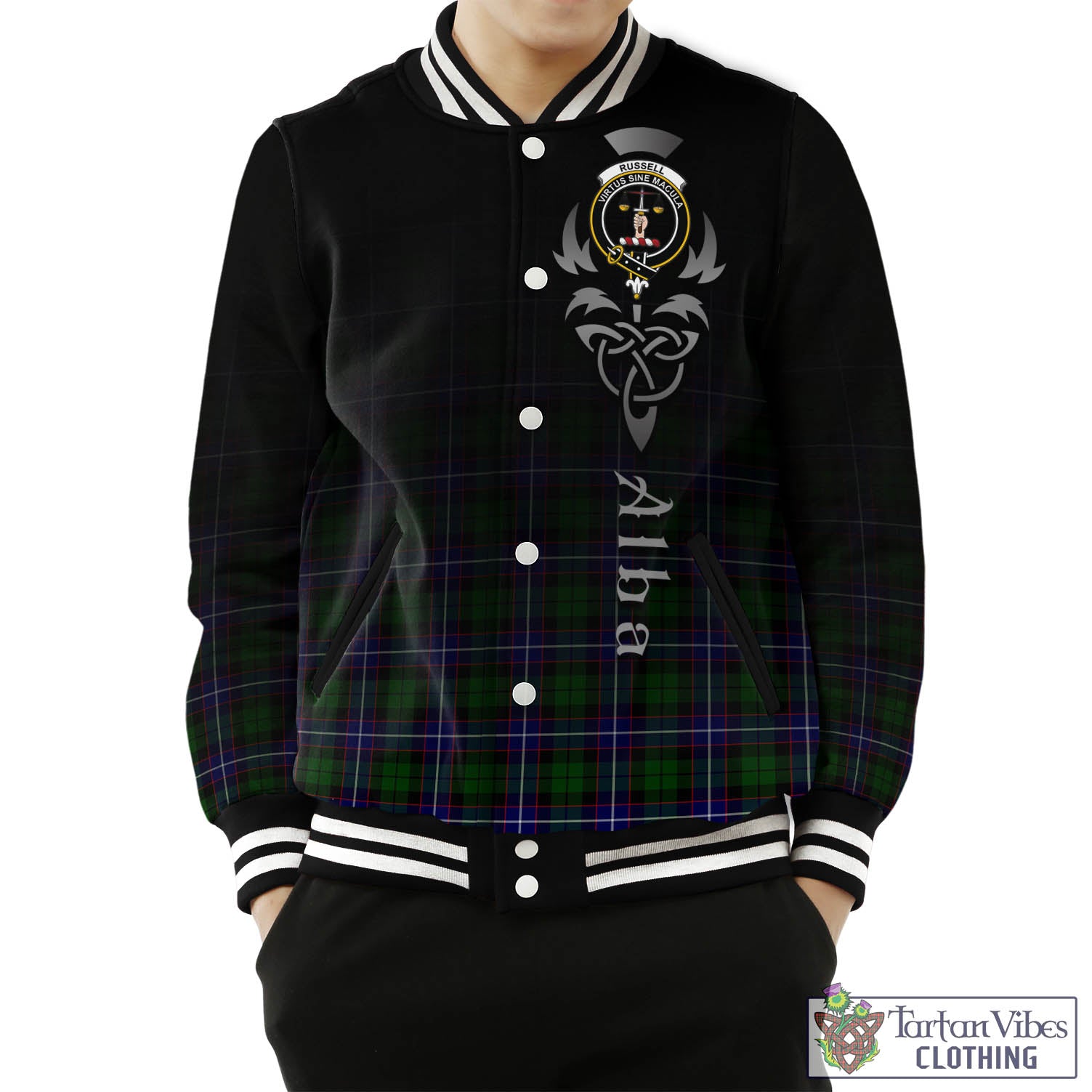 Tartan Vibes Clothing Russell Modern Tartan Baseball Jacket Featuring Alba Gu Brath Family Crest Celtic Inspired