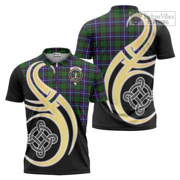 Russell Modern Tartan Zipper Polo Shirt with Family Crest and Celtic Symbol Style