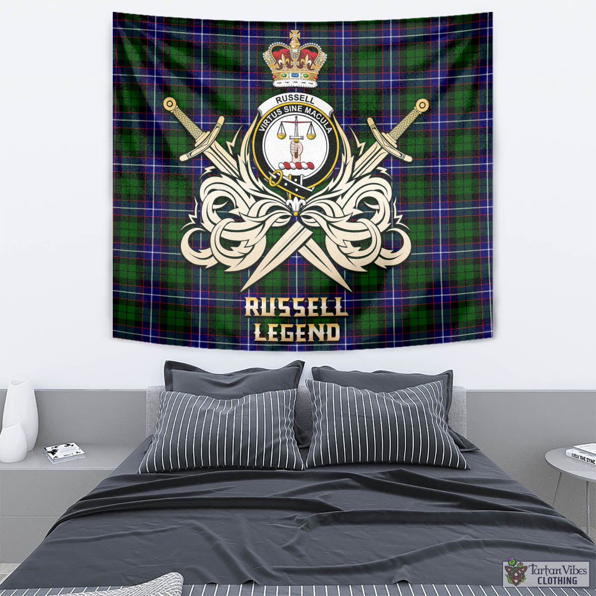 Tartan Vibes Clothing Russell Modern Tartan Tapestry with Clan Crest and the Golden Sword of Courageous Legacy