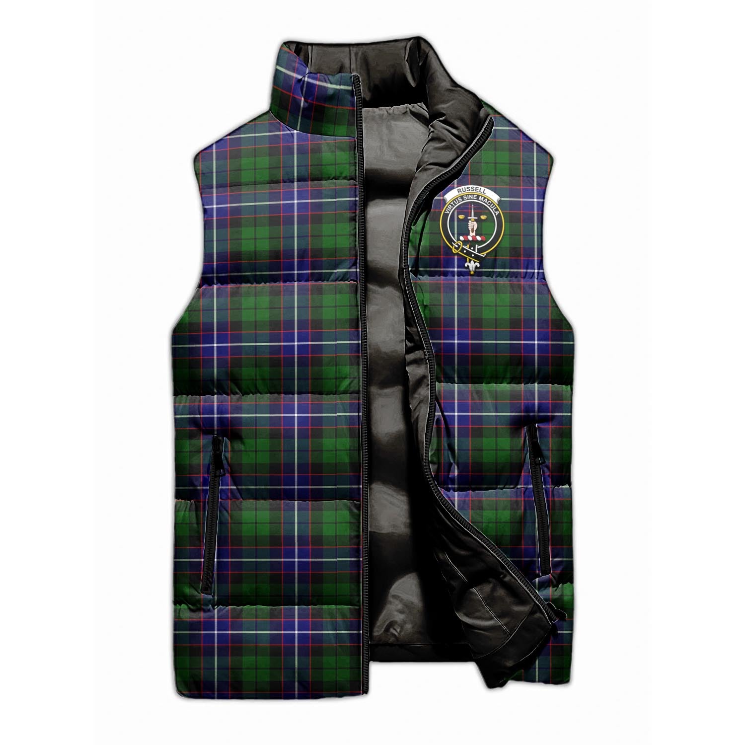 Russell Modern Tartan Sleeveless Puffer Jacket with Family Crest - Tartanvibesclothing