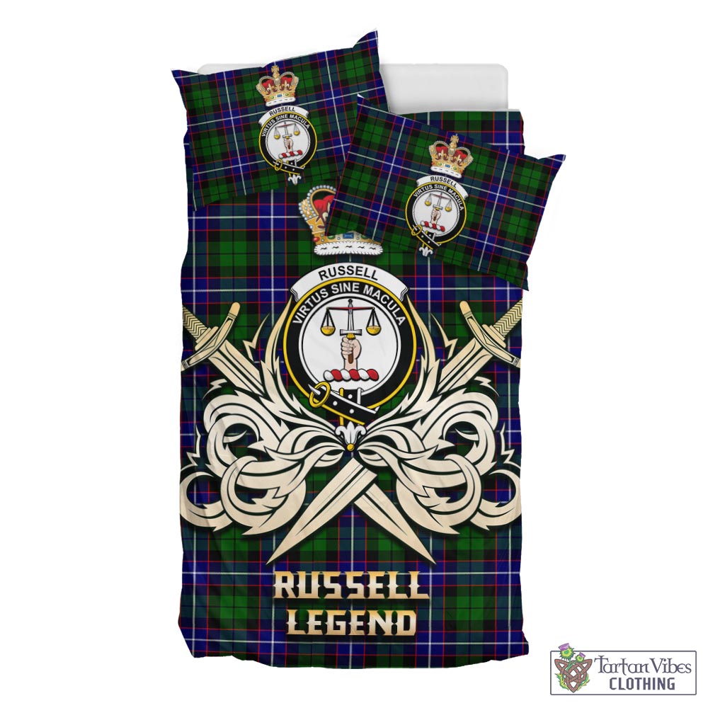 Tartan Vibes Clothing Russell Modern Tartan Bedding Set with Clan Crest and the Golden Sword of Courageous Legacy