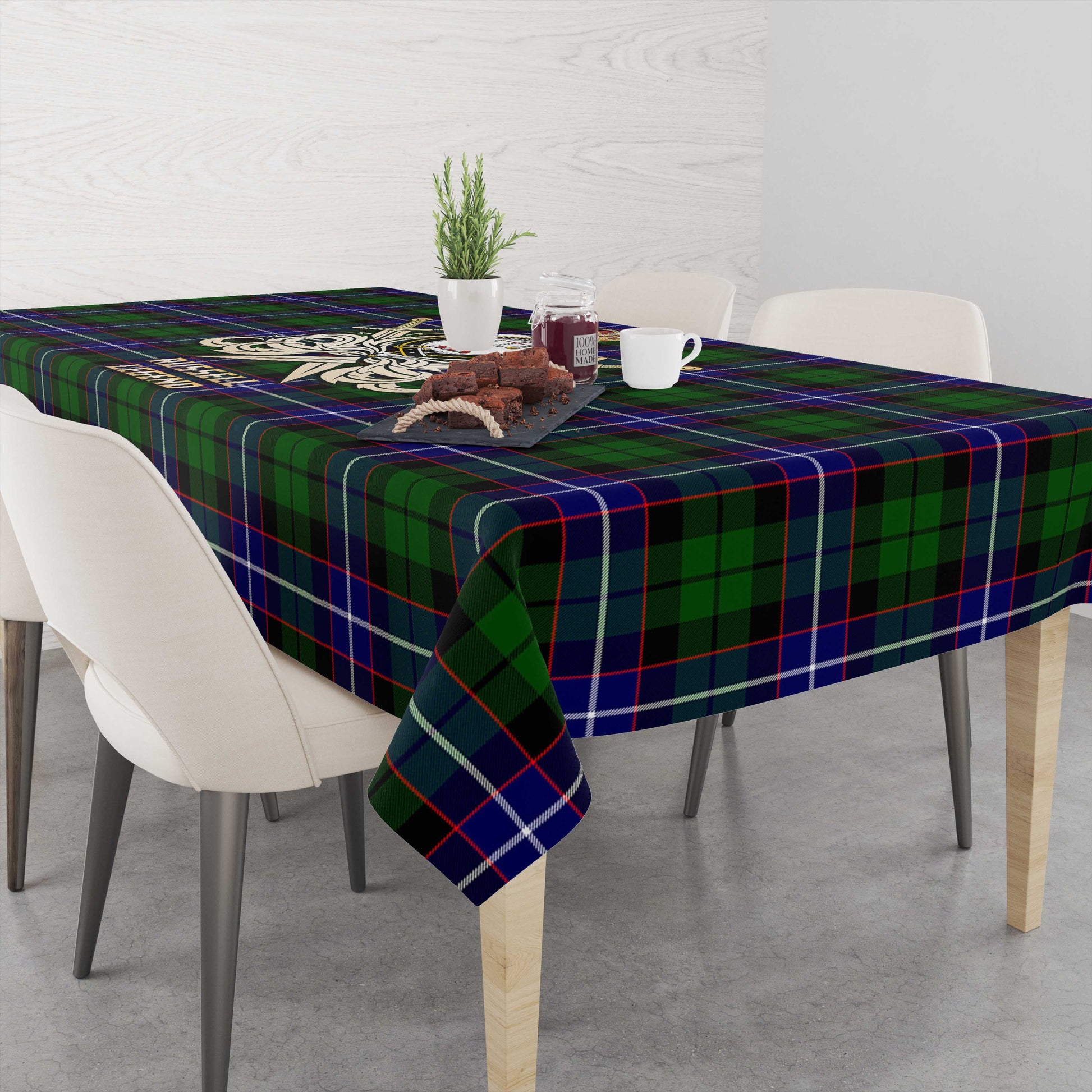 Tartan Vibes Clothing Russell Modern Tartan Tablecloth with Clan Crest and the Golden Sword of Courageous Legacy