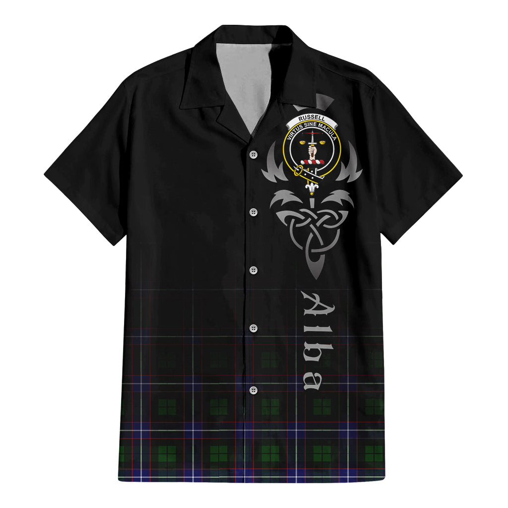 Tartan Vibes Clothing Russell Modern Tartan Short Sleeve Button Up Featuring Alba Gu Brath Family Crest Celtic Inspired