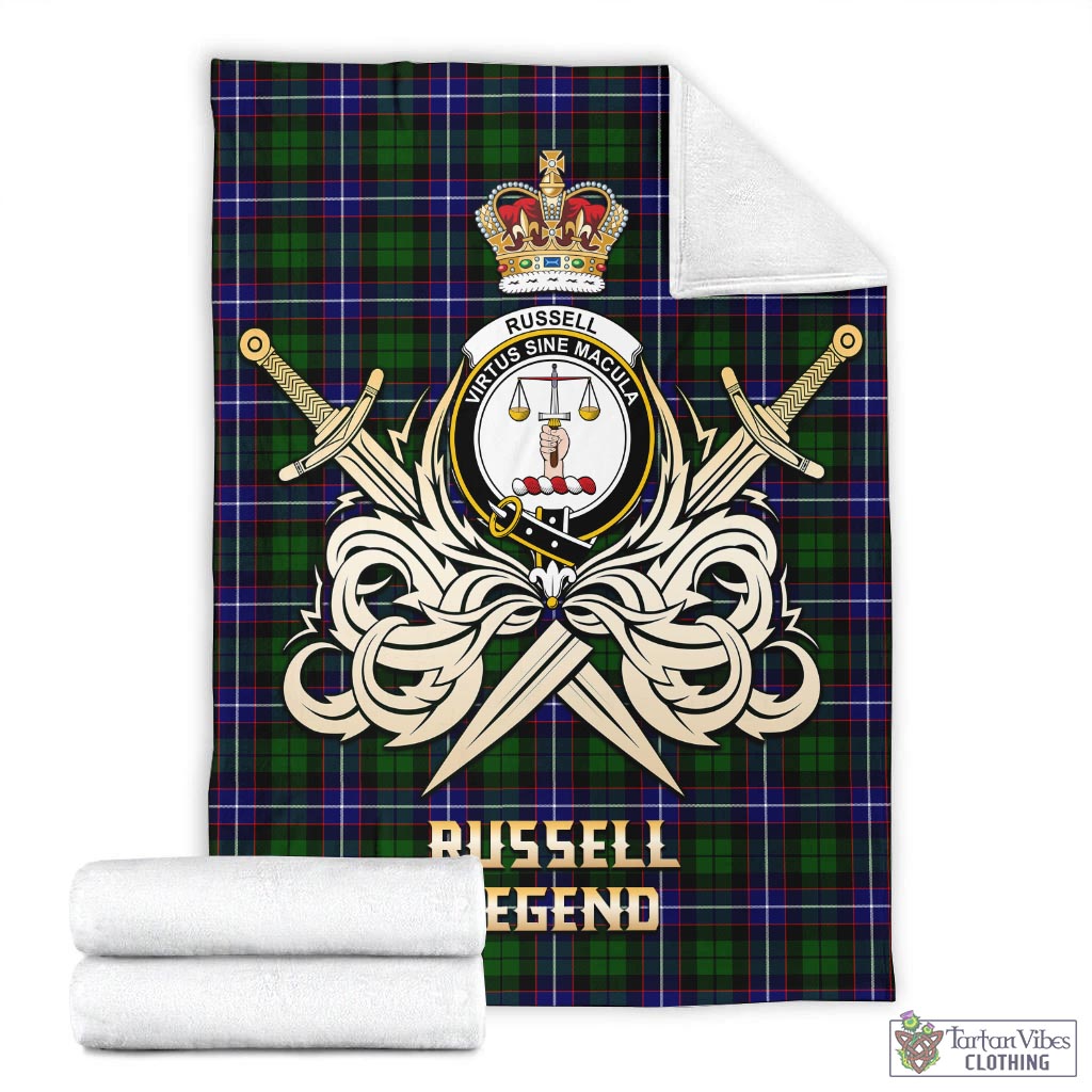 Tartan Vibes Clothing Russell Modern Tartan Blanket with Clan Crest and the Golden Sword of Courageous Legacy