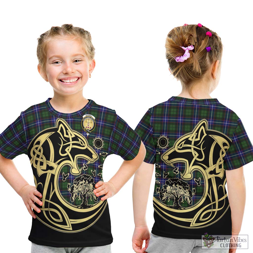 Tartan Vibes Clothing Russell Modern Tartan Kid T-Shirt with Family Crest Celtic Wolf Style