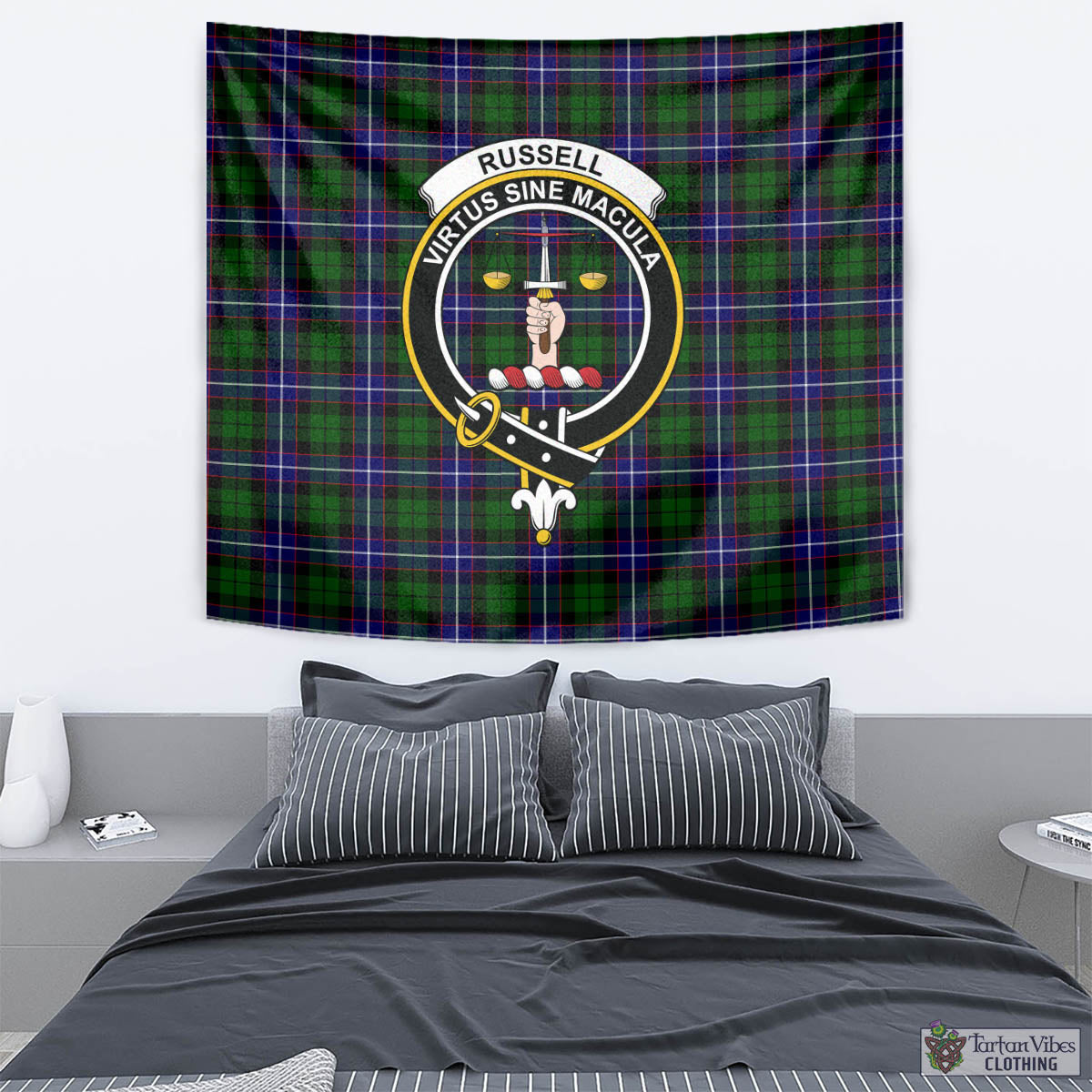 Tartan Vibes Clothing Russell Modern Tartan Tapestry Wall Hanging and Home Decor for Room with Family Crest