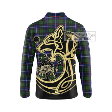 Russell Modern Tartan Long Sleeve Polo Shirt with Family Crest Celtic Wolf Style