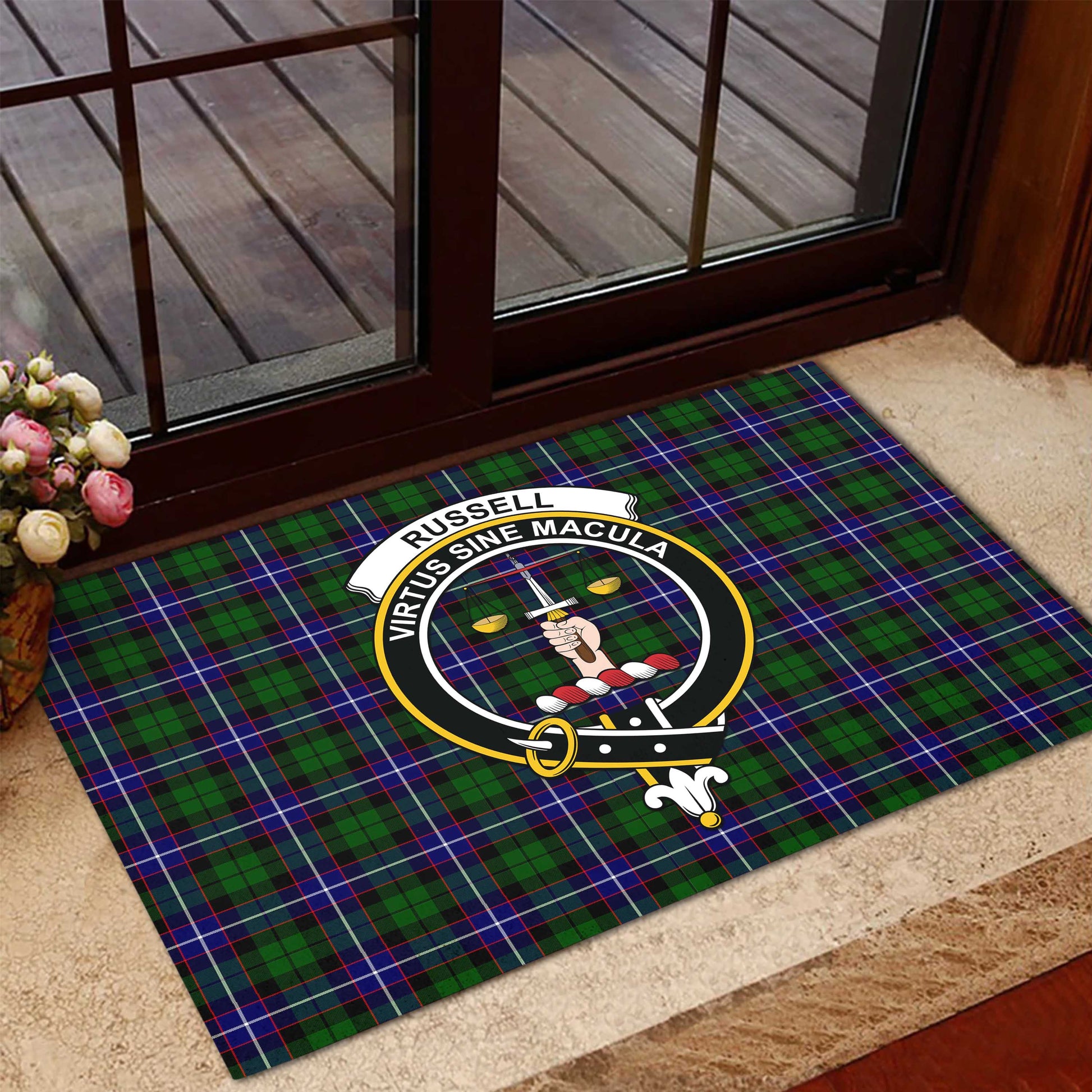 Russell Modern Tartan Door Mat with Family Crest - Tartanvibesclothing Shop