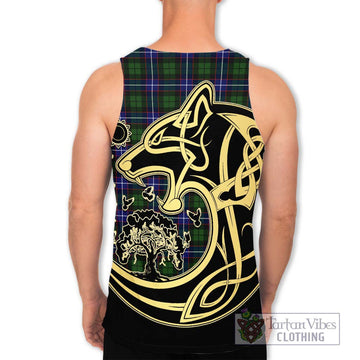 Russell Modern Tartan Men's Tank Top with Family Crest Celtic Wolf Style