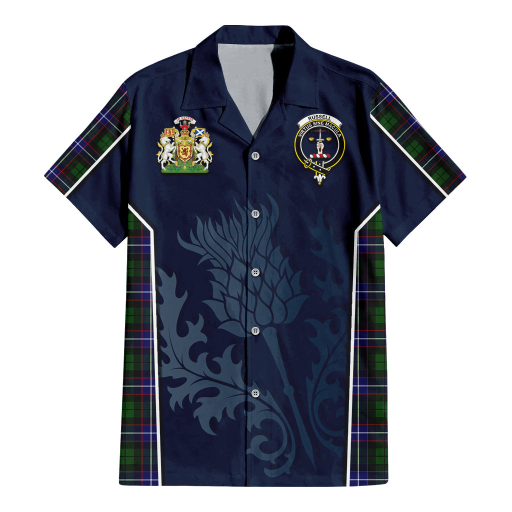 Tartan Vibes Clothing Russell Modern Tartan Short Sleeve Button Up Shirt with Family Crest and Scottish Thistle Vibes Sport Style