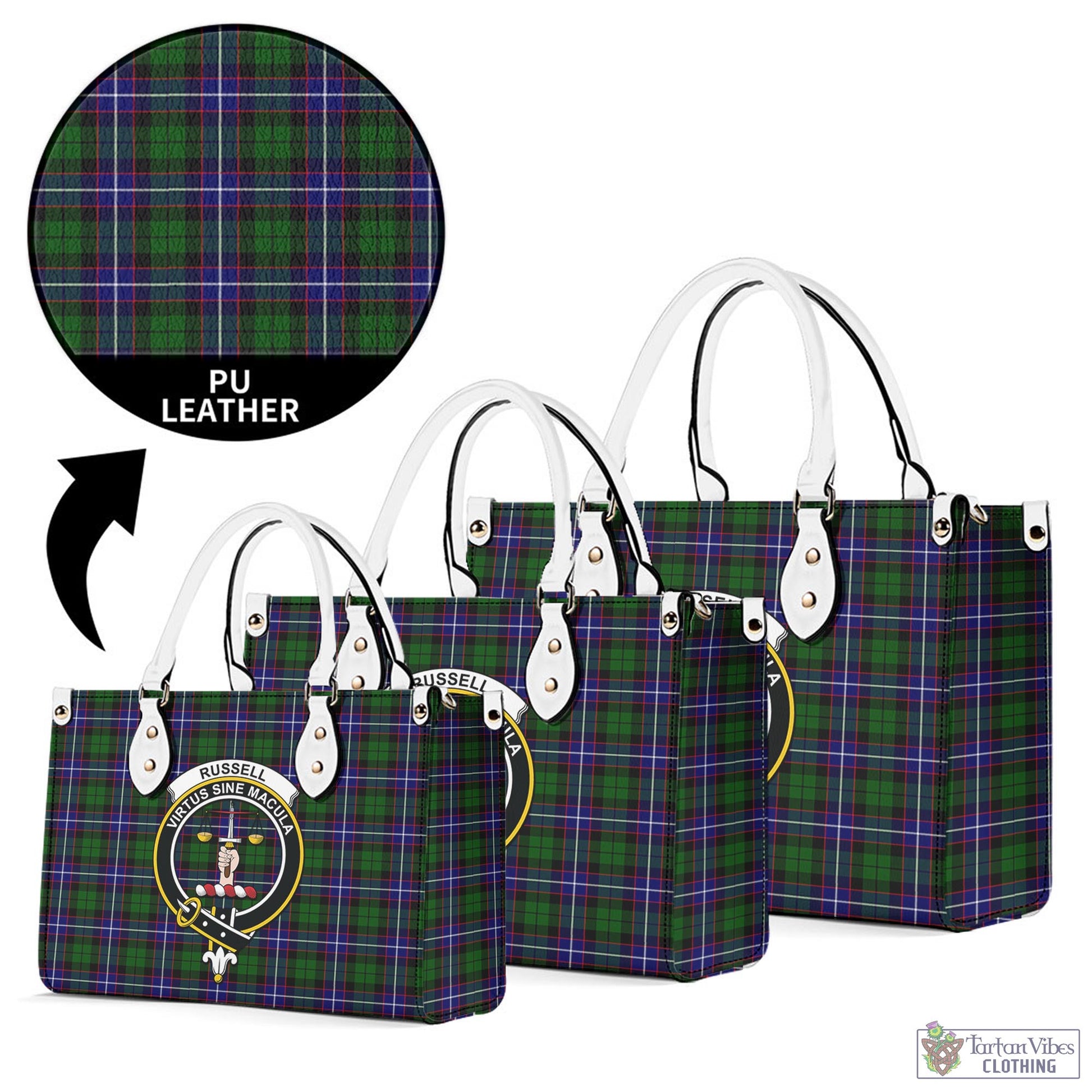 Tartan Vibes Clothing Russell Modern Tartan Luxury Leather Handbags with Family Crest