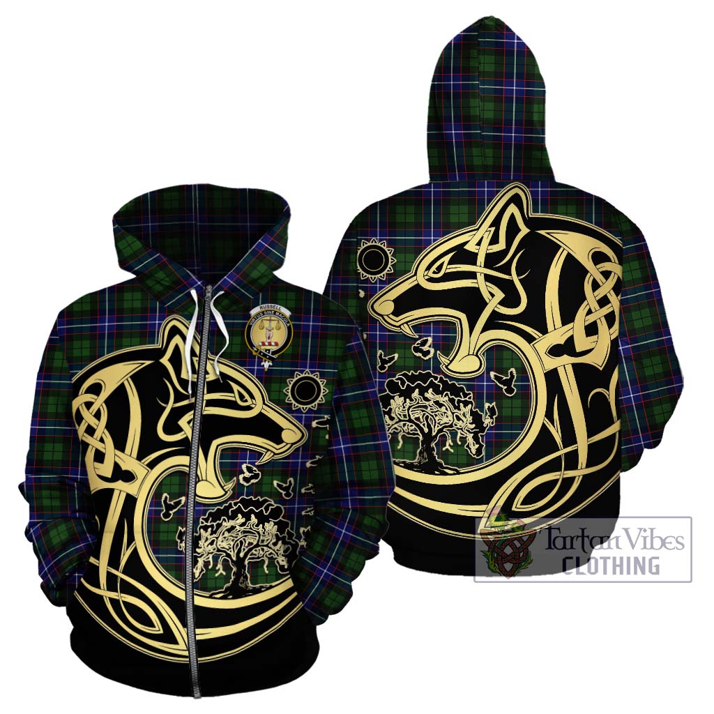 Tartan Vibes Clothing Russell Modern Tartan Hoodie with Family Crest Celtic Wolf Style