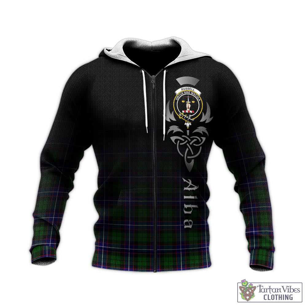 Tartan Vibes Clothing Russell Modern Tartan Knitted Hoodie Featuring Alba Gu Brath Family Crest Celtic Inspired