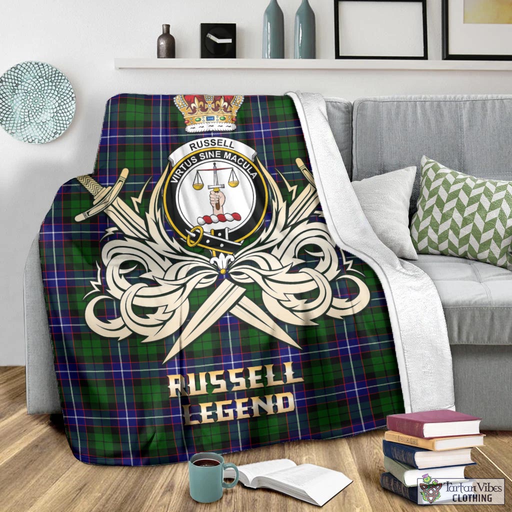 Tartan Vibes Clothing Russell Modern Tartan Blanket with Clan Crest and the Golden Sword of Courageous Legacy