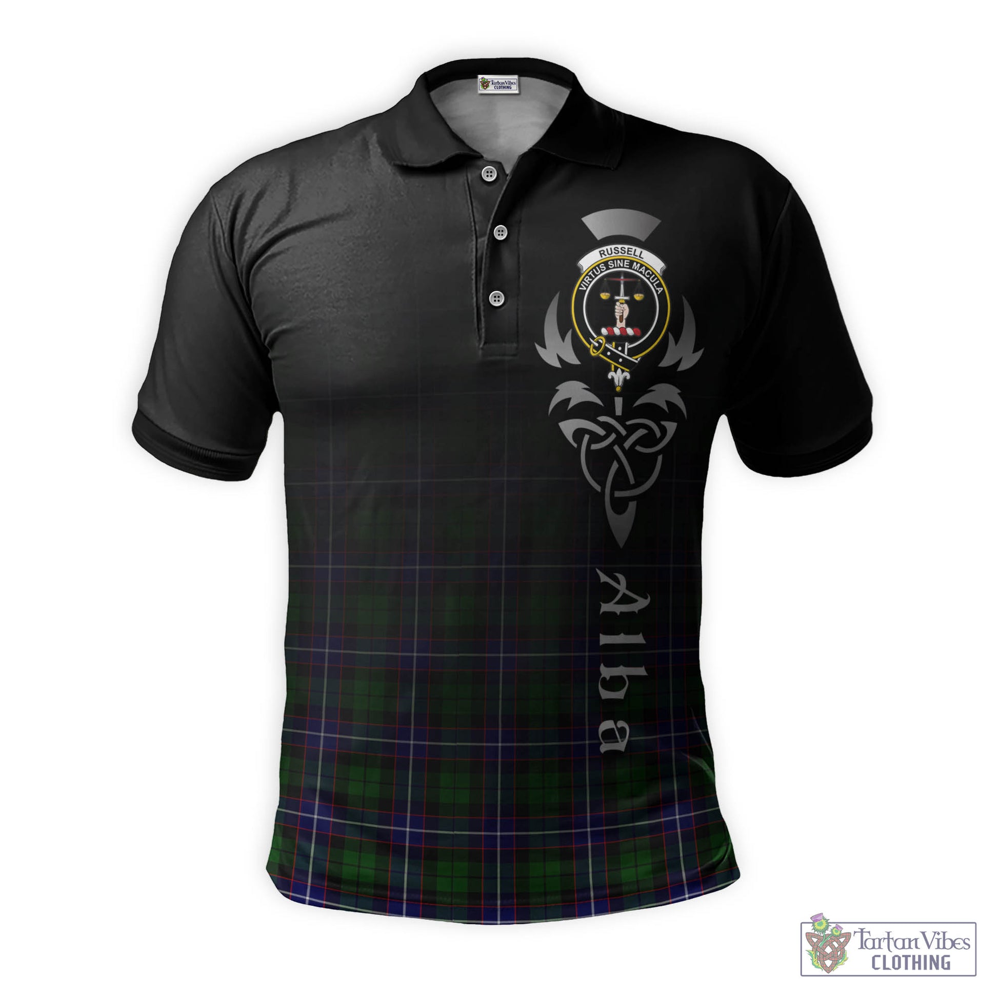 Tartan Vibes Clothing Russell Modern Tartan Polo Shirt Featuring Alba Gu Brath Family Crest Celtic Inspired