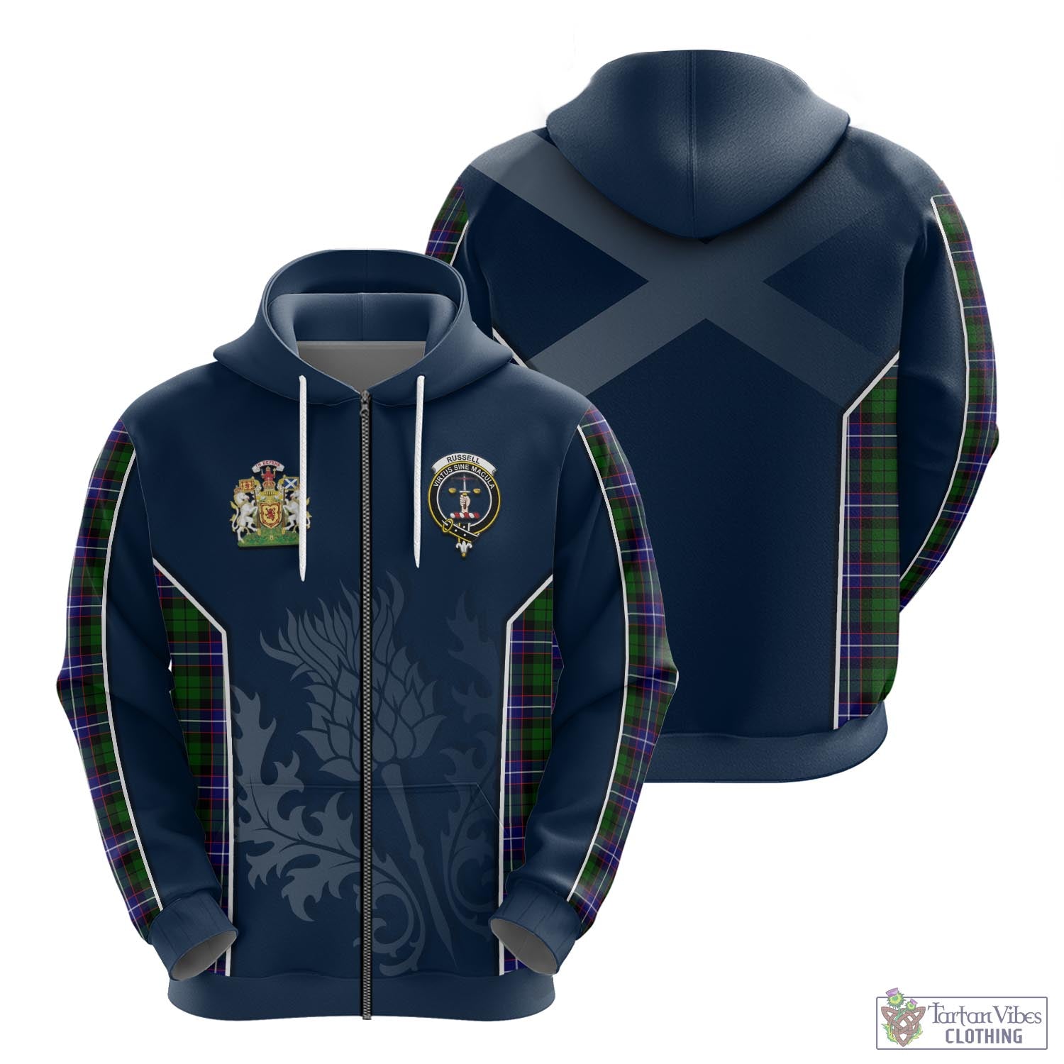 Tartan Vibes Clothing Russell Modern Tartan Hoodie with Family Crest and Scottish Thistle Vibes Sport Style