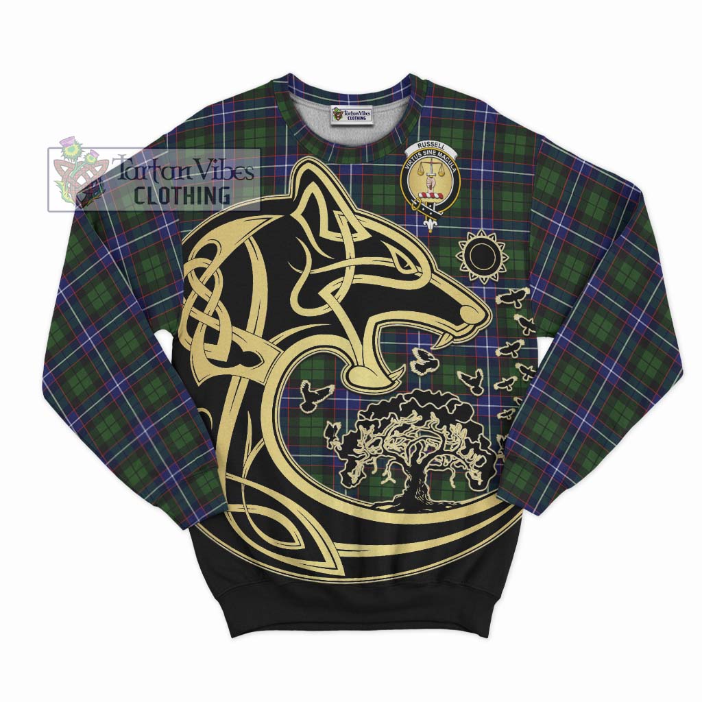 Tartan Vibes Clothing Russell Modern Tartan Sweatshirt with Family Crest Celtic Wolf Style