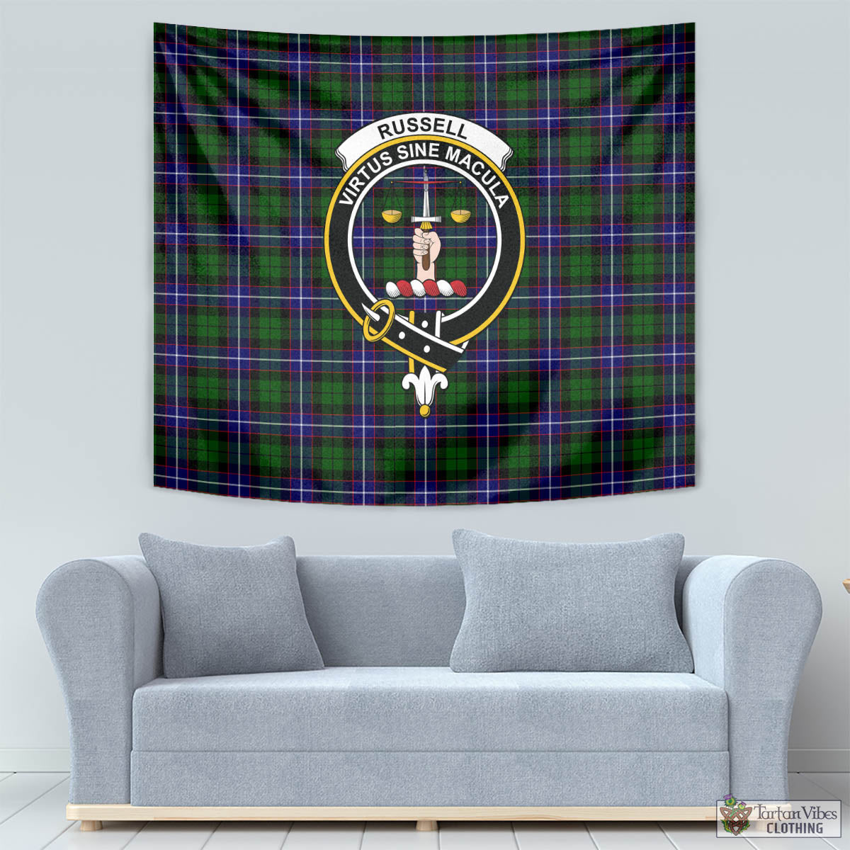 Tartan Vibes Clothing Russell Modern Tartan Tapestry Wall Hanging and Home Decor for Room with Family Crest