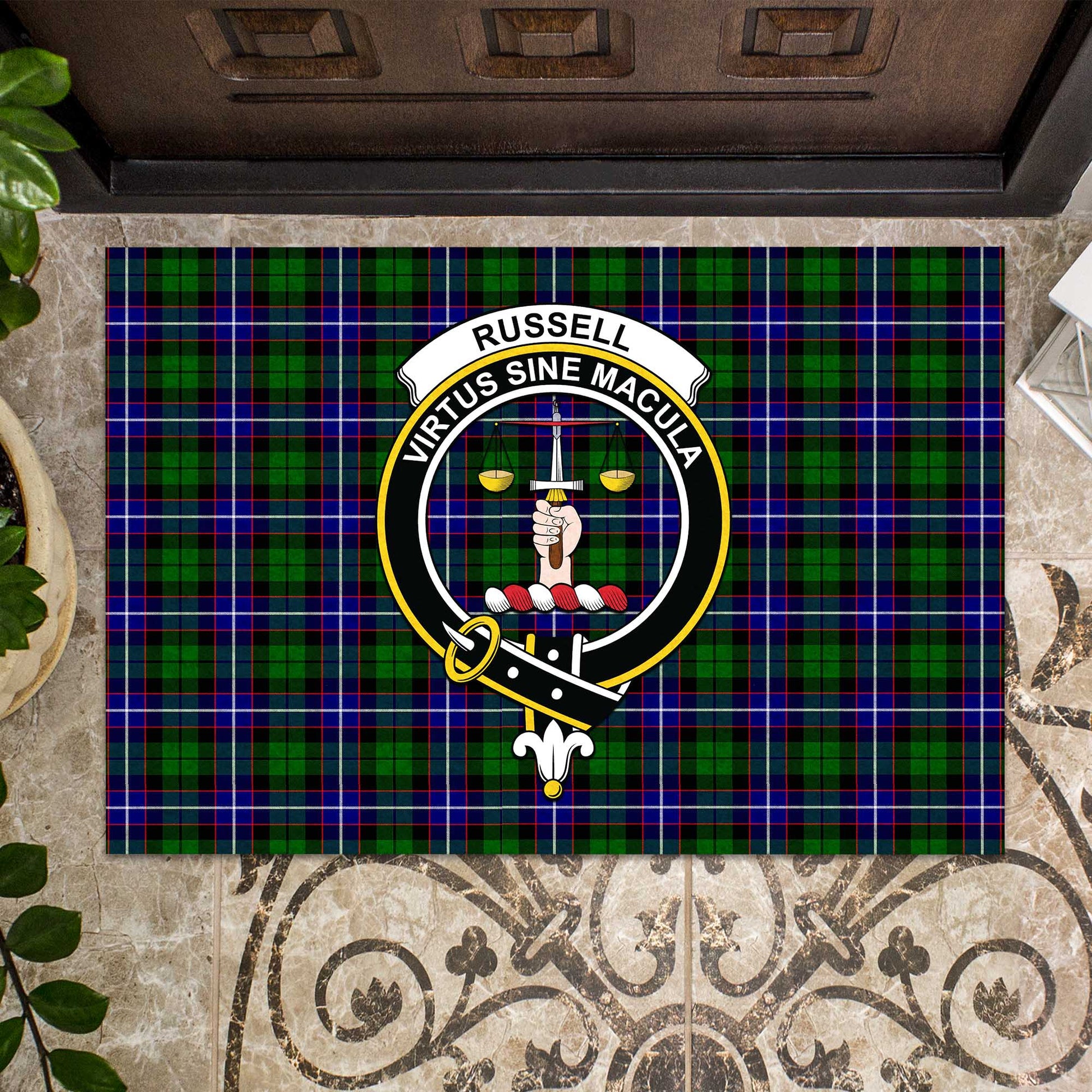 Russell Modern Tartan Door Mat with Family Crest - Tartanvibesclothing Shop