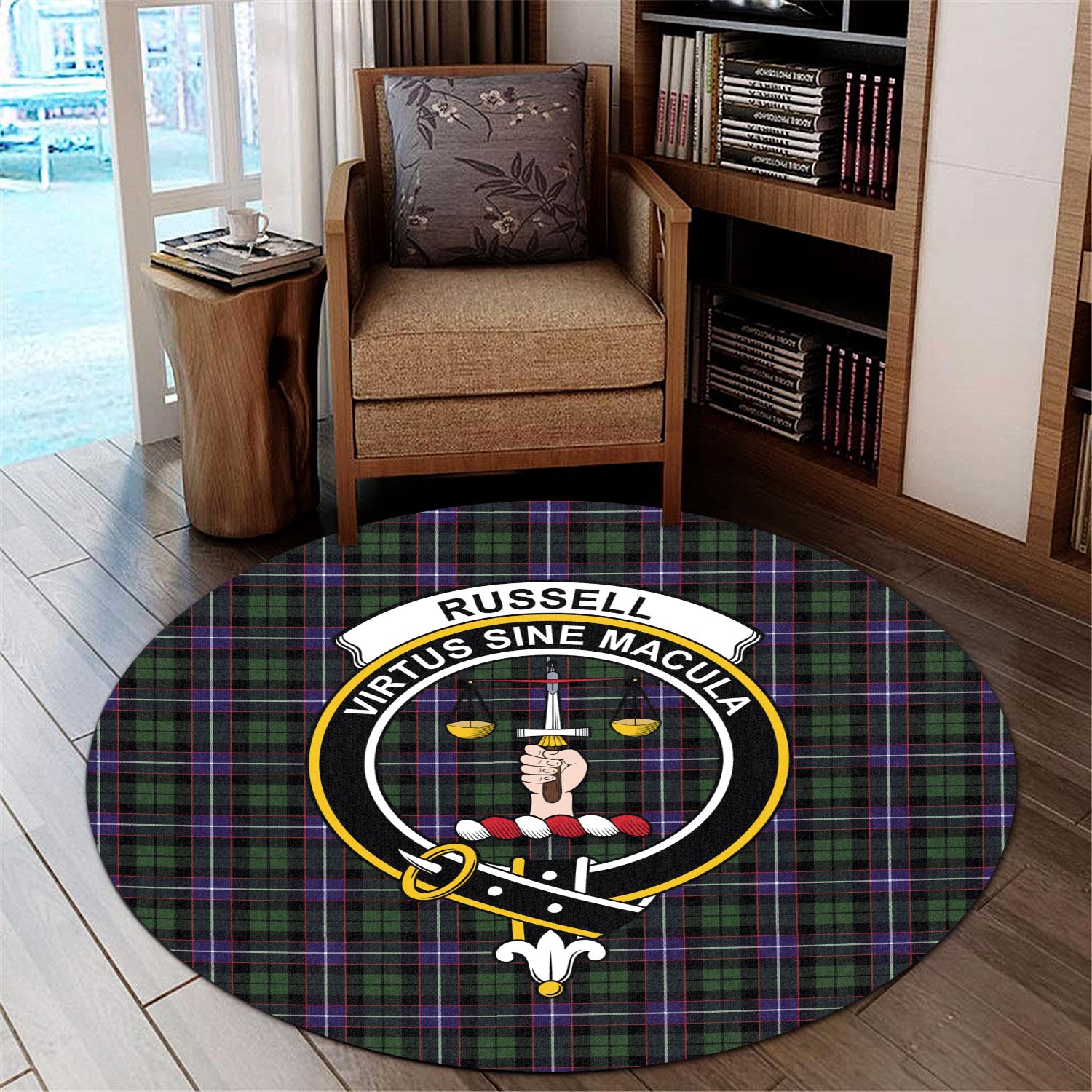 russell-modern-tartan-round-rug-with-family-crest