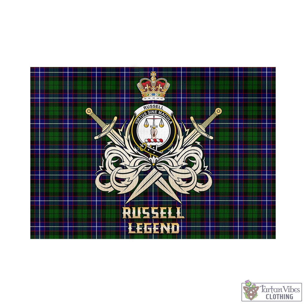 Tartan Vibes Clothing Russell Modern Tartan Flag with Clan Crest and the Golden Sword of Courageous Legacy