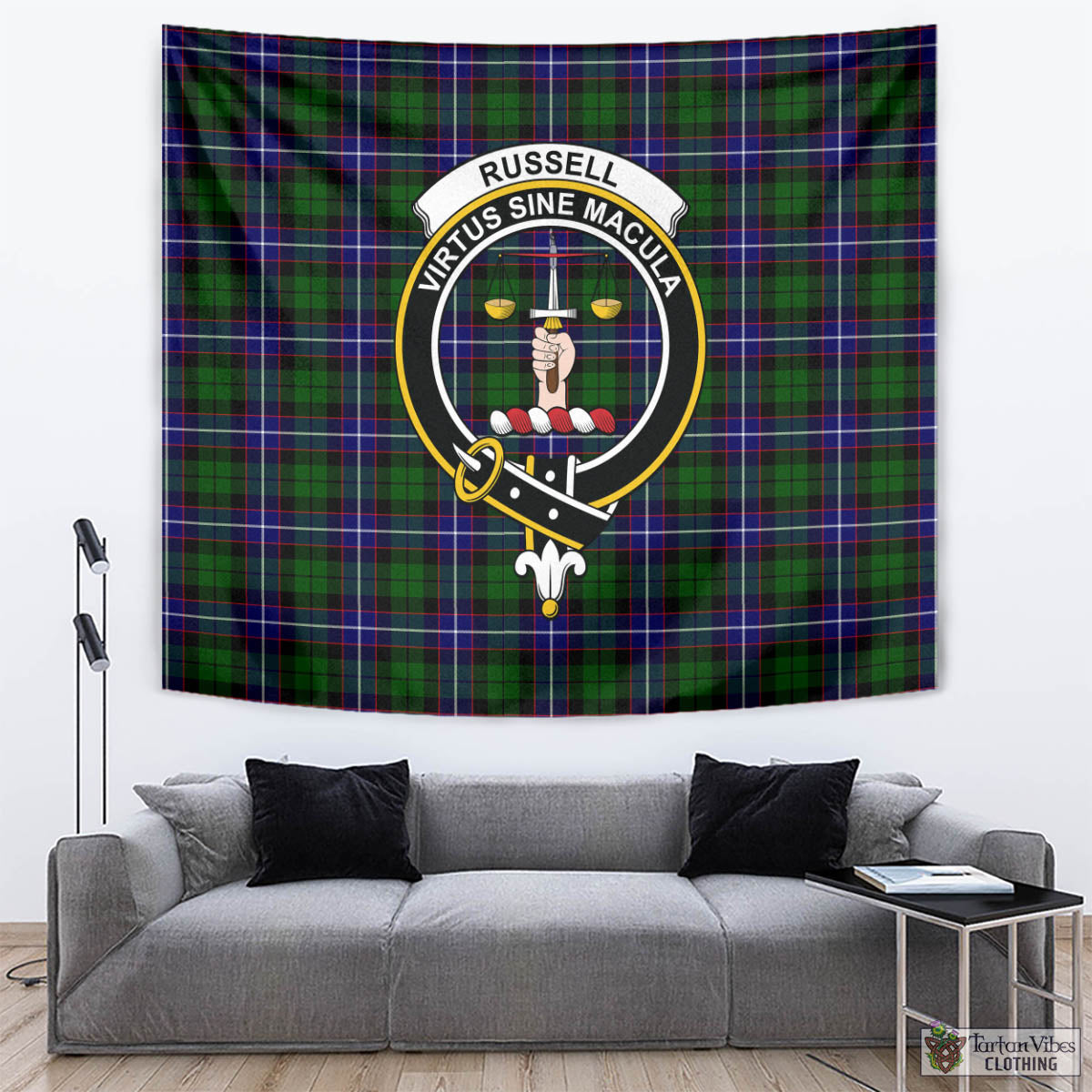 Tartan Vibes Clothing Russell Modern Tartan Tapestry Wall Hanging and Home Decor for Room with Family Crest