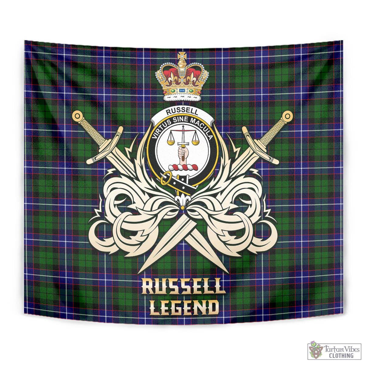 Tartan Vibes Clothing Russell Modern Tartan Tapestry with Clan Crest and the Golden Sword of Courageous Legacy